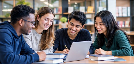 A team collaborating around a laptop